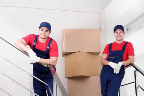 Packed office furniture and equipment ready for transport
